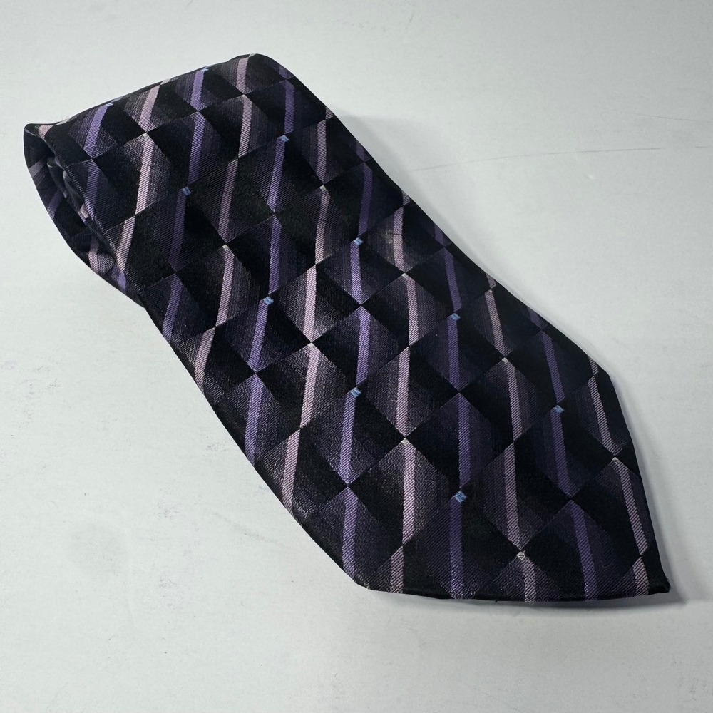Van Heusen Men's Purple Black Geometric Striped 100% Silk Stain Resistant Tie